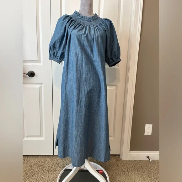 J. Crew Blue Denim Midi Dress with Smocked Neck - Picture 6 of 14